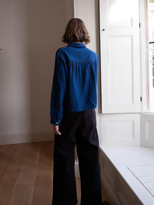 Ada Women's Cropped Cotton Blouse| Petrol Blue & Black Gingham