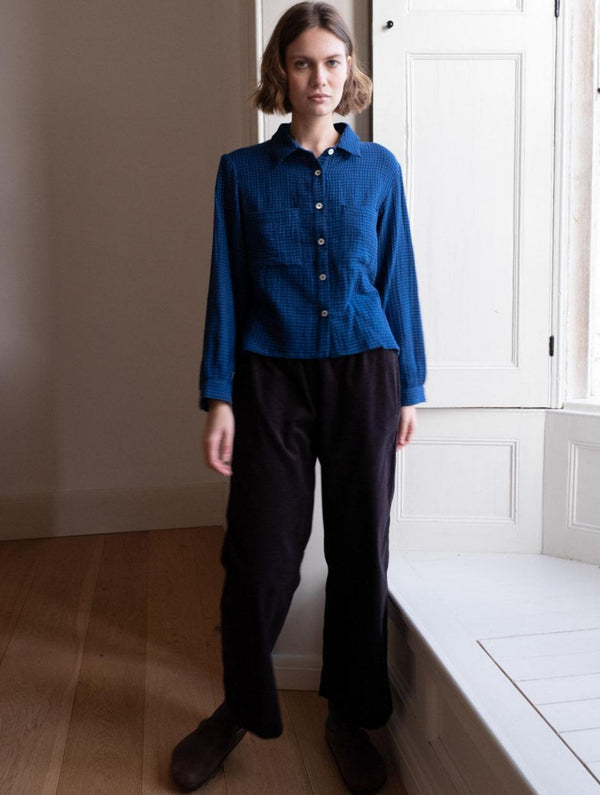 Ada Women's Cropped Cotton Blouse| Petrol Blue & Black Gingham