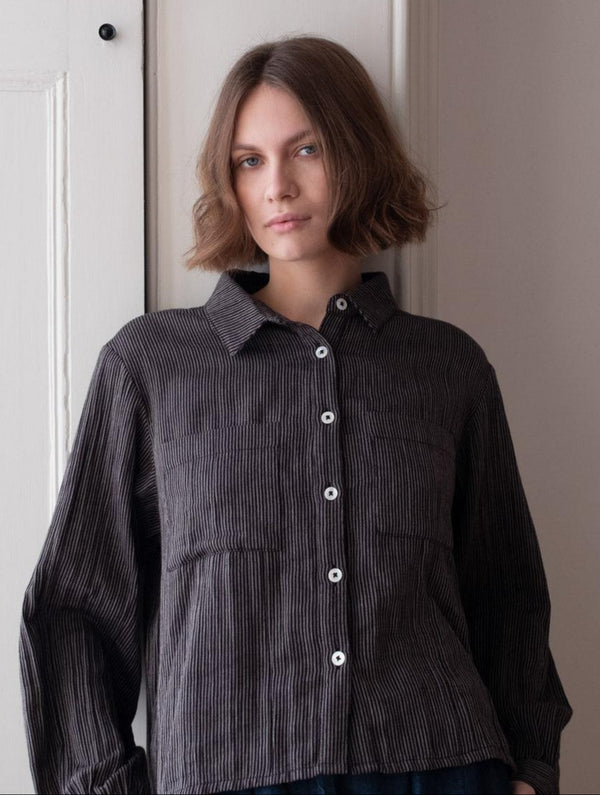 Ada Women's Cropped Cotton Blouse | Black & Grey Pinstripe