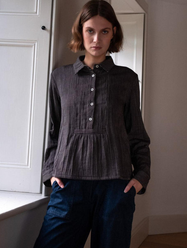 Hanna Women's Cotton Bib Shirt | Black & Grey Pinstripe