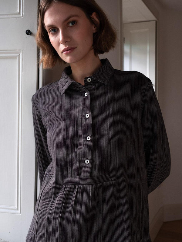 Hanna Women's Cotton Bib Shirt | Black & Grey Pinstripe