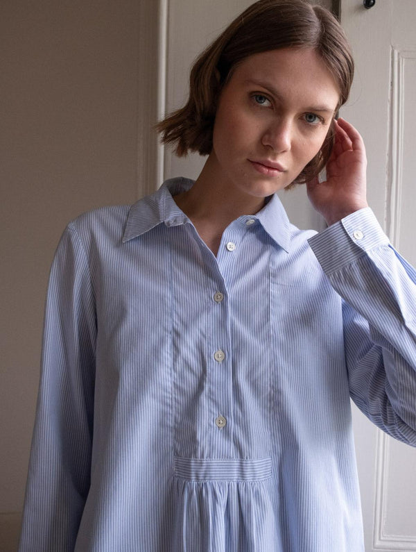 Hanna Women's Cotton Bib Shirt | Light Blue Pinstripe