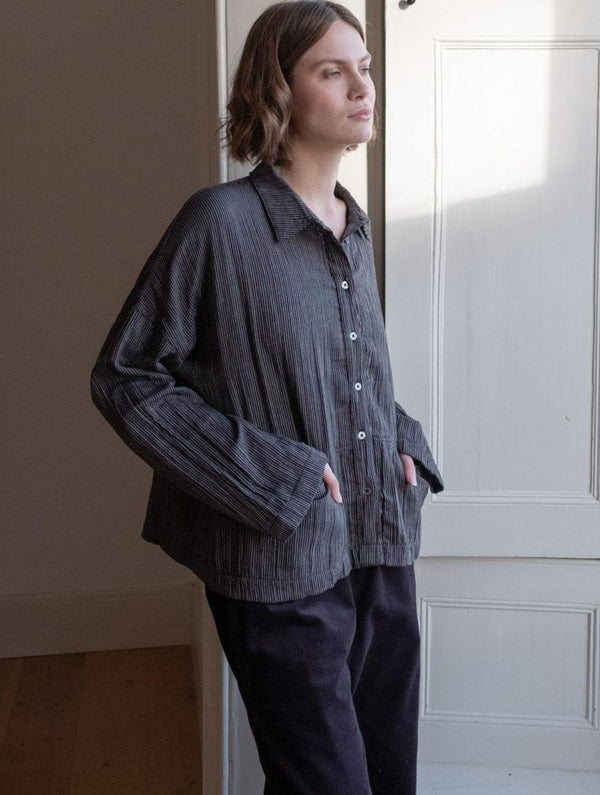 Anya Women's Relaxed Cotton Blouse | Black & Grey Pinstripe