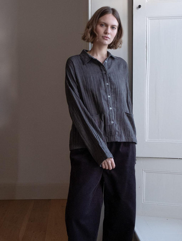 Anya Women's Relaxed Cotton Blouse | Black & Grey Pinstripe