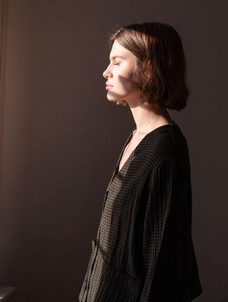 Irma Women's Cotton Over Shirt | Olive Green & Black Gingham