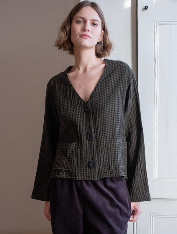 Irma Women's Cotton Over Shirt | Olive Green & Black Gingham
