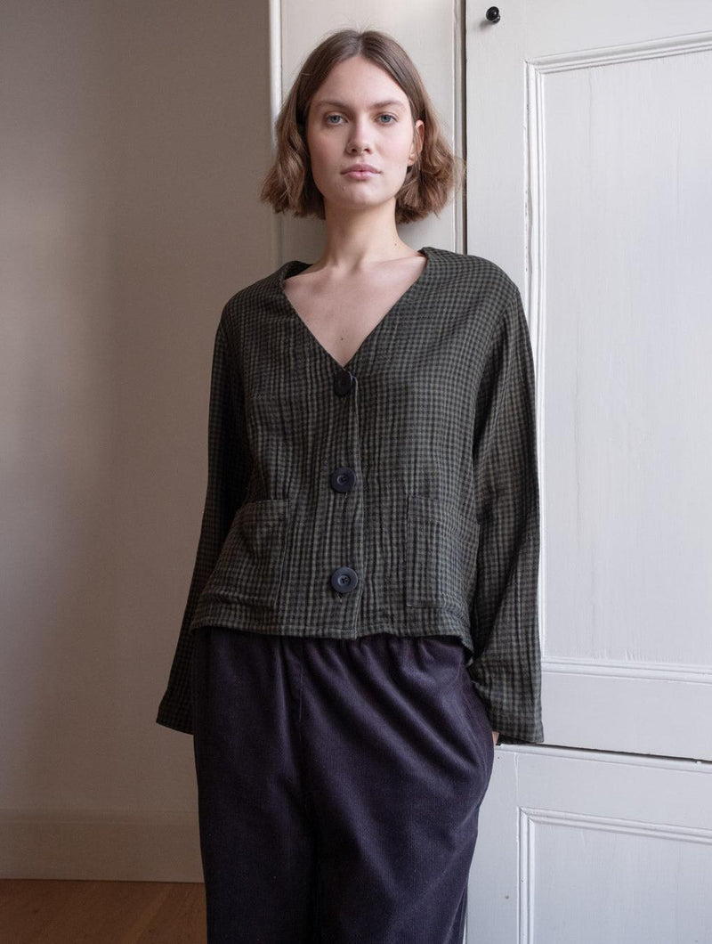 Irma Women's Cotton Over Shirt | Olive Green & Black Gingham