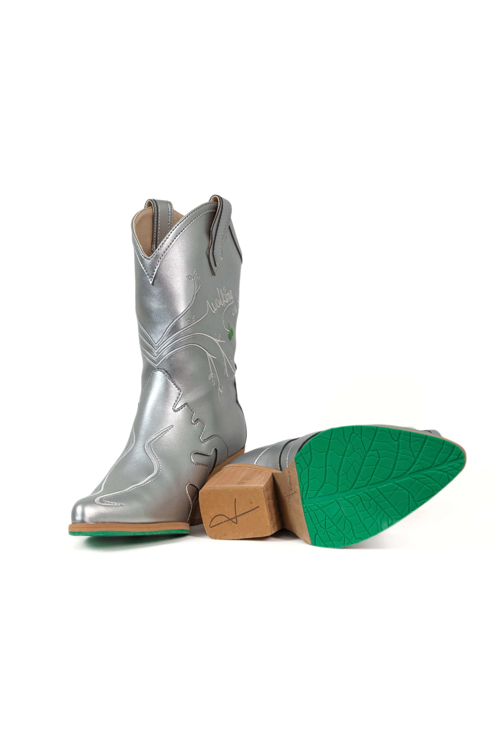 A Perfect Jane Sofie Vegan Apple Leather Cowboy Boots Silver