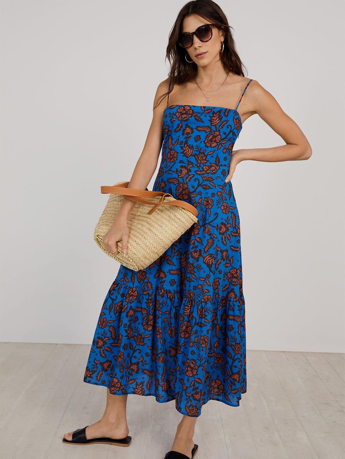 Baukjen Tammy Floral Print Organic Cotton Poplin Midi Dress | Blue Blue Bold Capri Print / 14 (UK Size 14)