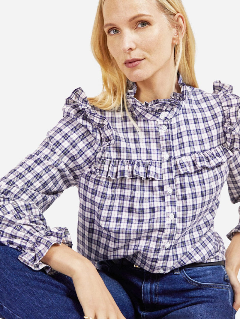 Baukjen Cambrie Organic Cotton Ruffle Blouse | Navy Mix Check