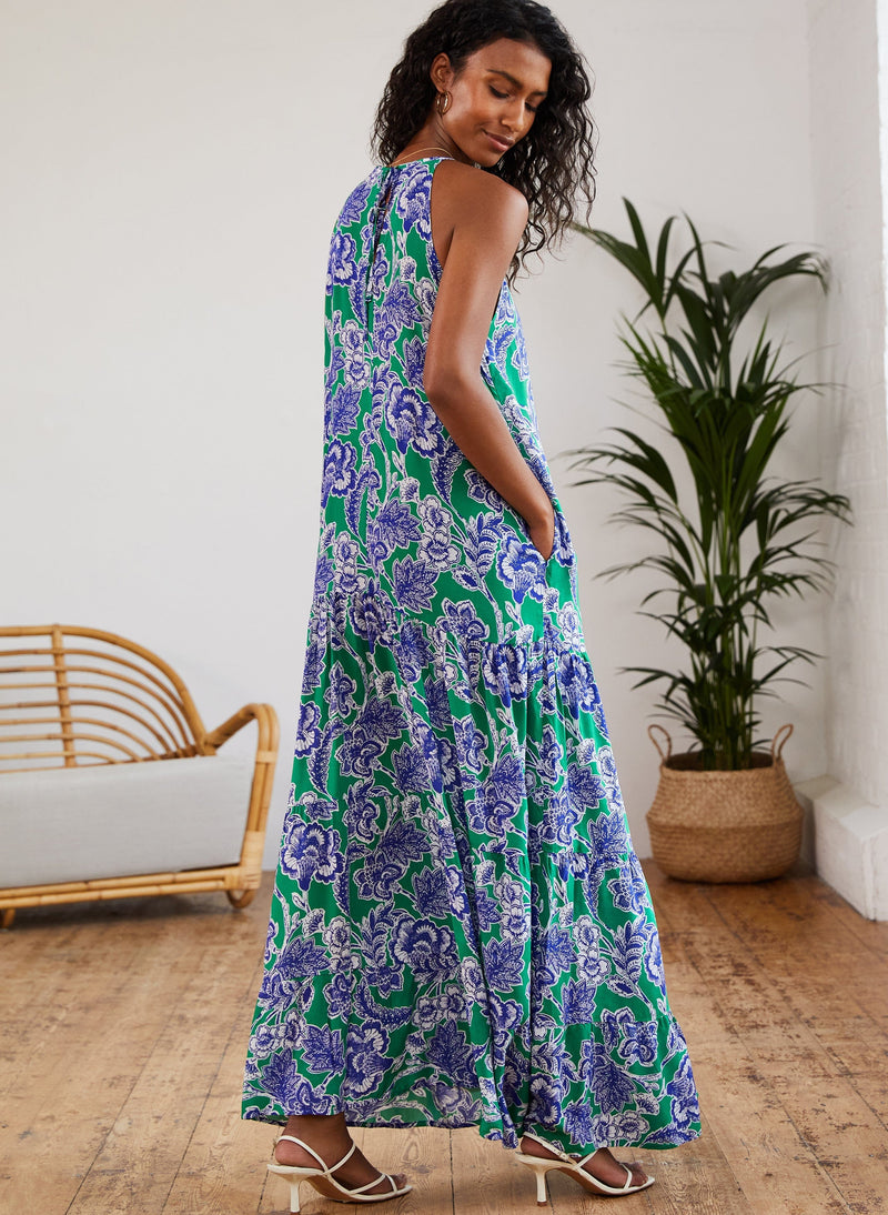 Baukjen Everly Positano Print LENZING™ ECOVERO™ Halterneck Maxi Dress | Green & Blue