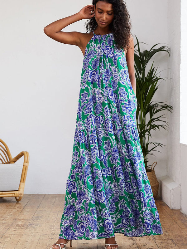 Baukjen Everly Positano Print LENZING™ ECOVERO™ Halterneck Maxi Dress | Green & Blue