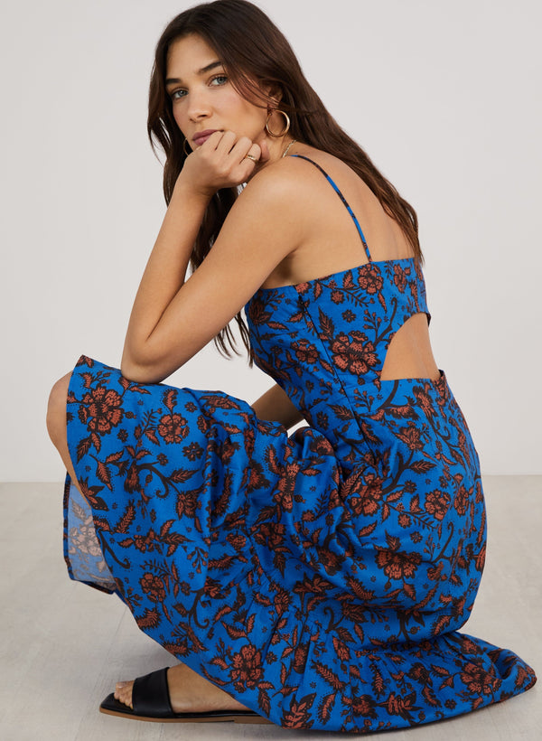 Baukjen Tammy Floral Print Organic Cotton Poplin Midi Dress | Blue