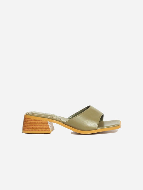 Collection and Co Pia Up-Cycled Vegan Leather Block Heel Mules | Olive Green UK4 / EU37 / US6