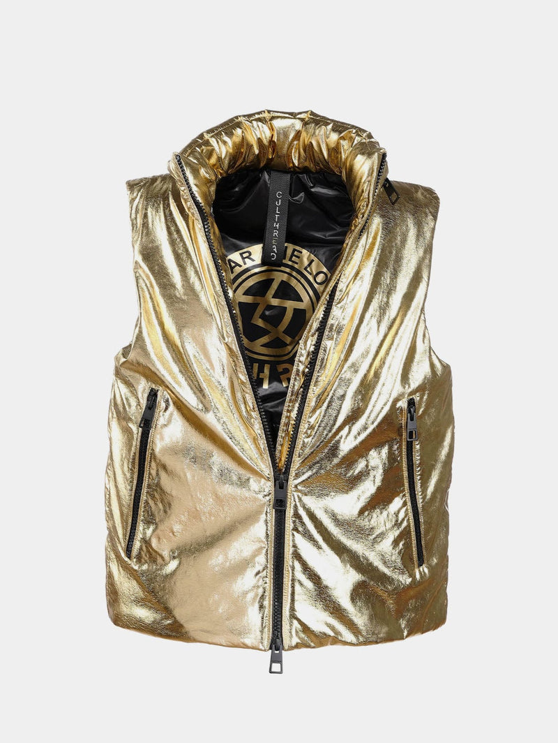 CULTHREAD VEGAN LEATHER gold sleeveless puffer jacket L