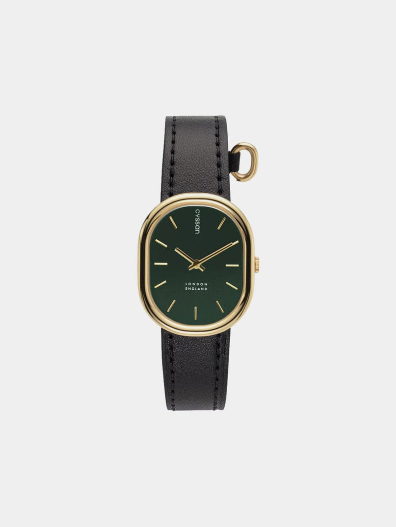 Cyssan CYS11 Watch with Green & Gold Dial | Black Vegan Leather Strap