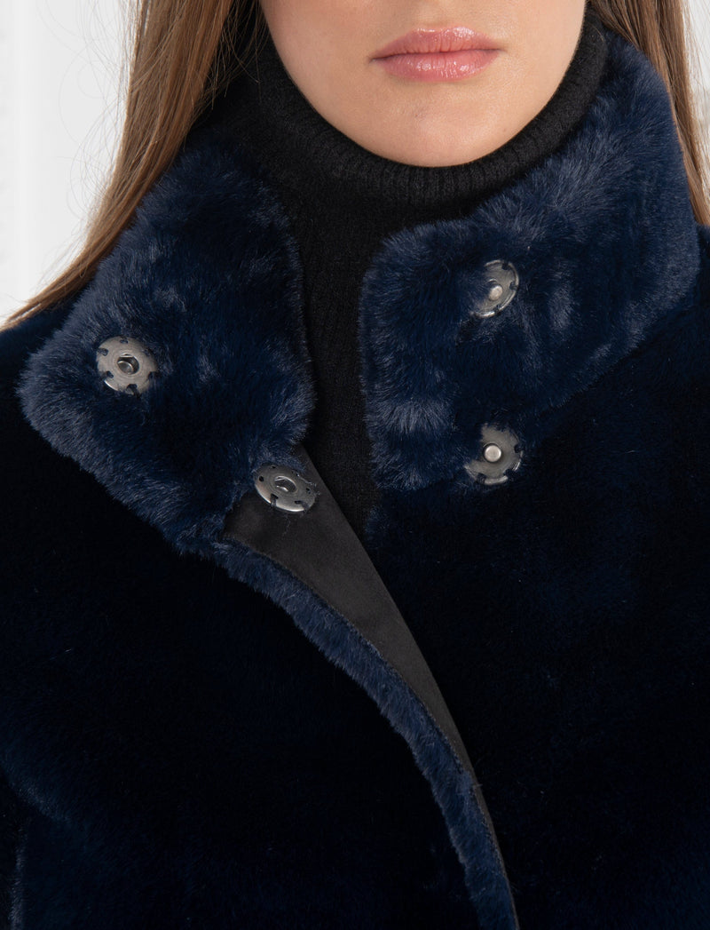 Issy London SIGNATURE Jackie Stand Collar Recycled Faux Shearling Coat Ink Blue