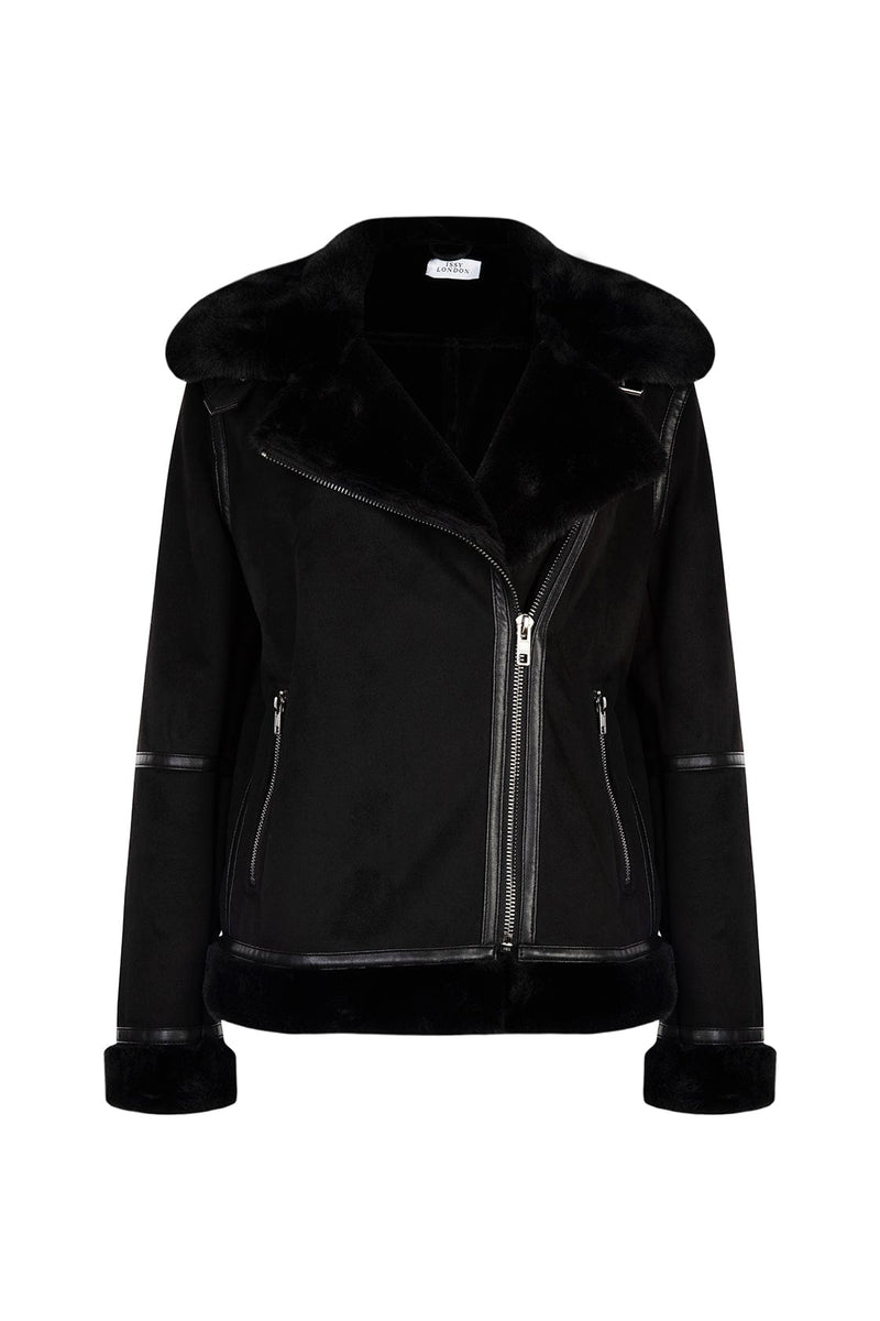 Issy London SIGNATURE Kate Recycled Faux Shearling Biker Jacket Black