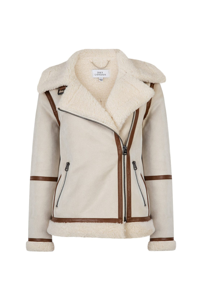 Issy London SIGNATURE Kate Recycled Faux Shearling Biker Jacket Stone /Tan
