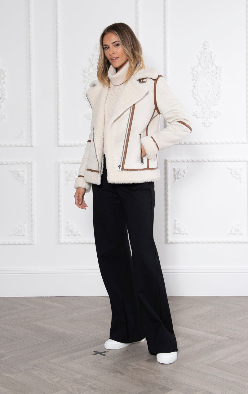 Issy London SIGNATURE Kate Recycled Faux Shearling Biker Jacket Stone /Tan