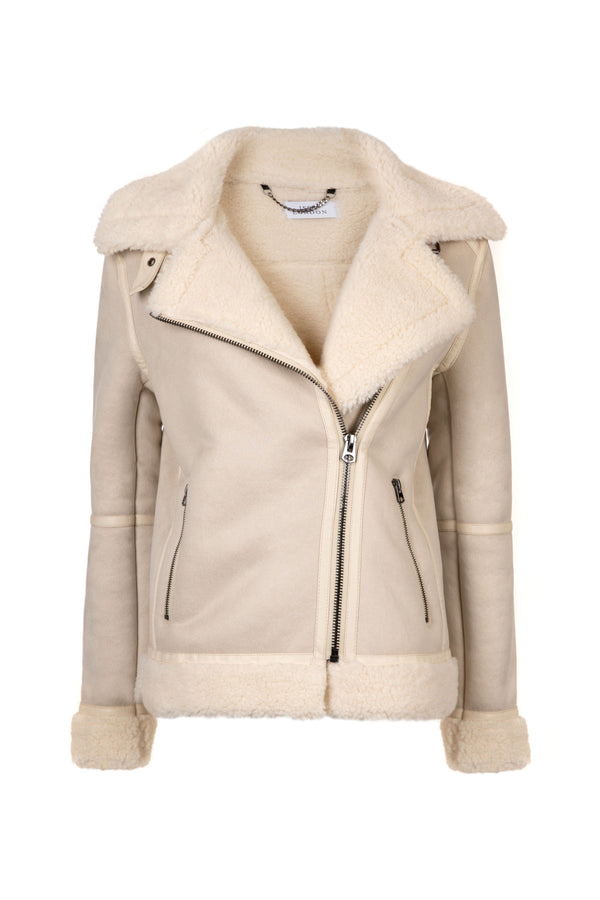 Issy London WEEKEND Kate Recycled Faux Shearling Biker Jacket Natural Stone