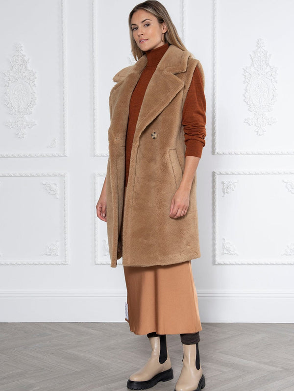 Issy London Weekend Rita Recycled Faux Shearling Gilet | Camel