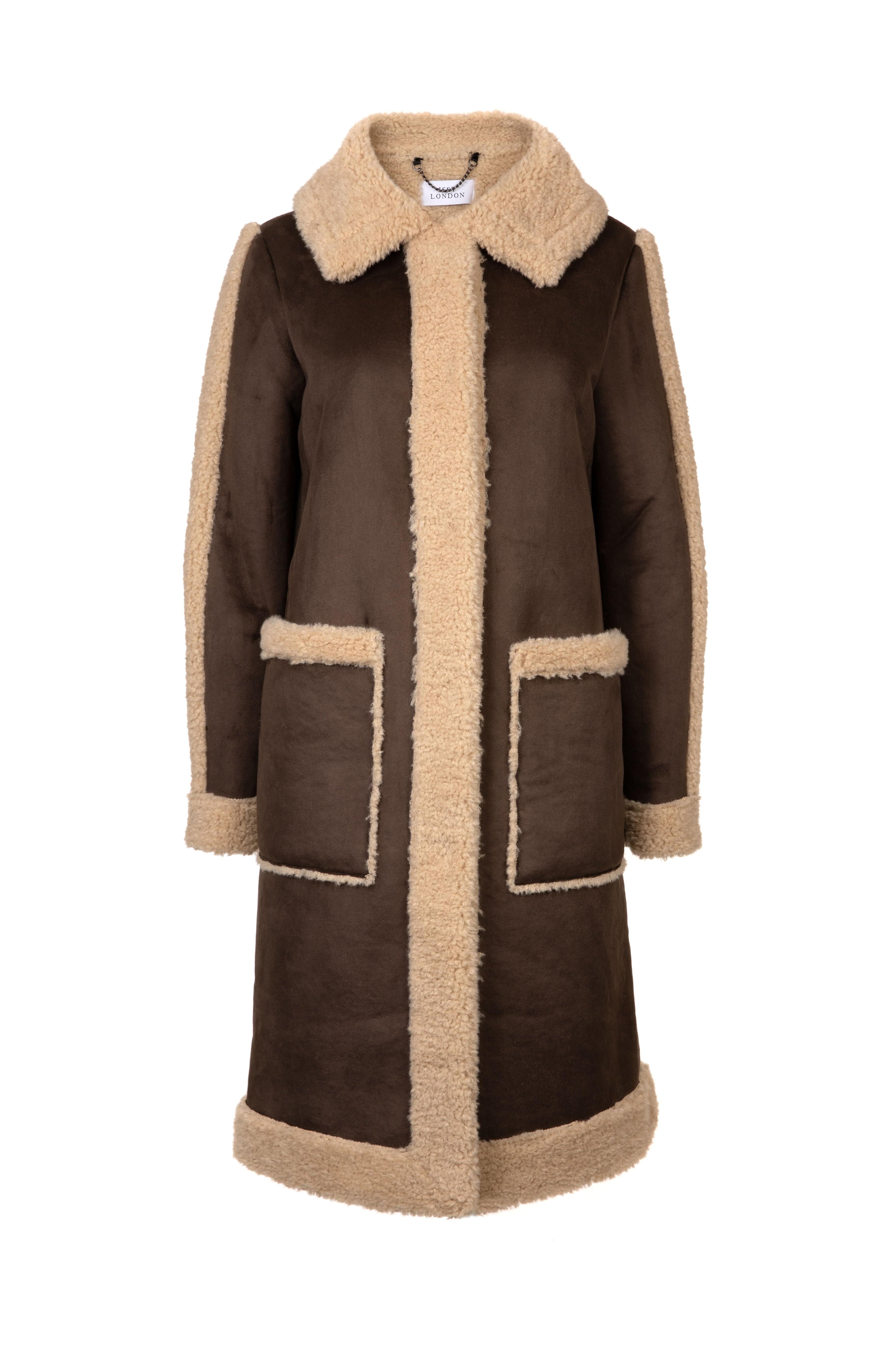 Issy London WEEKEND Ruby Long Recycled Faux Shearling Coat Brown