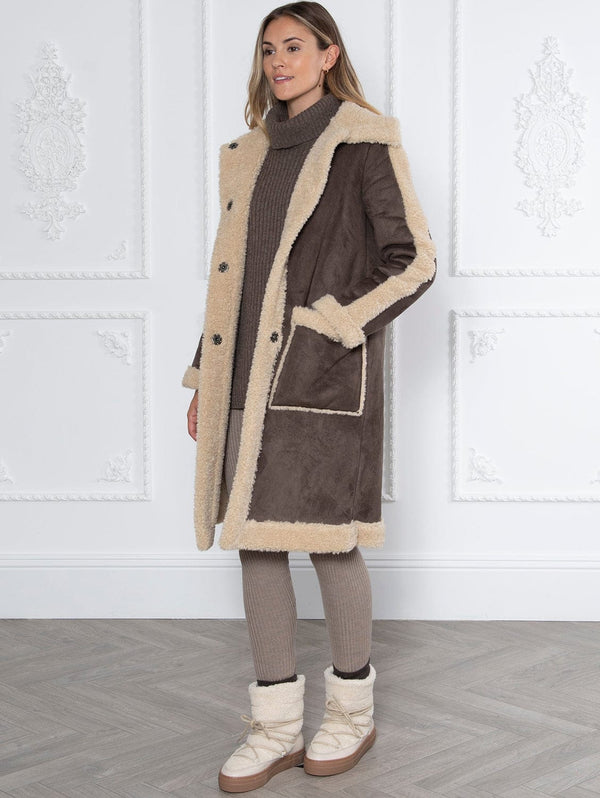 Issy London Weekend Ruby Long Recycled Faux Shearling Coat | Brown