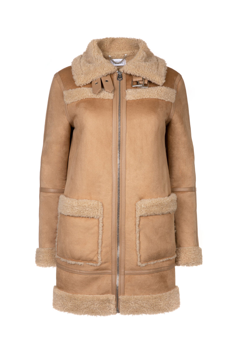 Issy London WEEKEND Vivien Panelled Recycled Faux Shearling Coat Tan