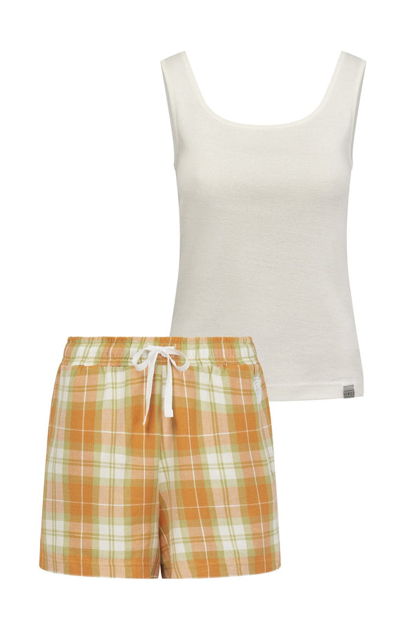 KOMODO JIM JAM Pyjama Shorts Set Womens -GOTS Organic Cotton Off White / Orange Check