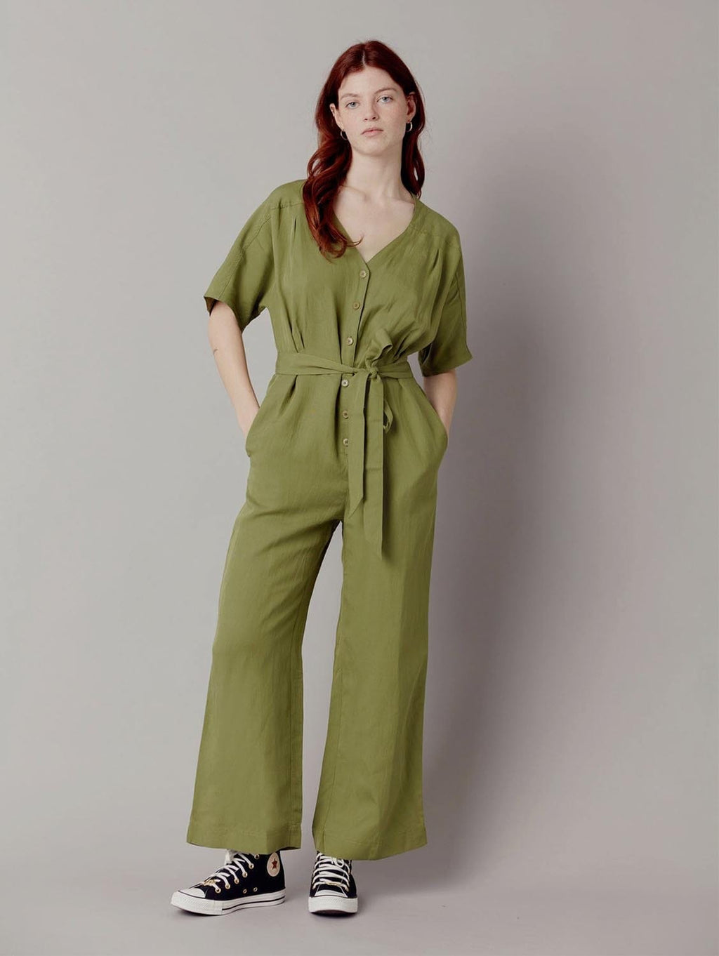 Astir Tencel & Linen Jumpsuit Khaki Green Immaculate Vegan