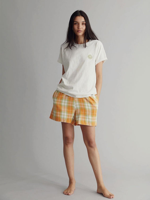 KOMODO JIM JAM Pyjama Shorts Set Womens -GOTS Organic Cotton Off White / Orange Check SIZE 1 / UK 8 / EUR 36