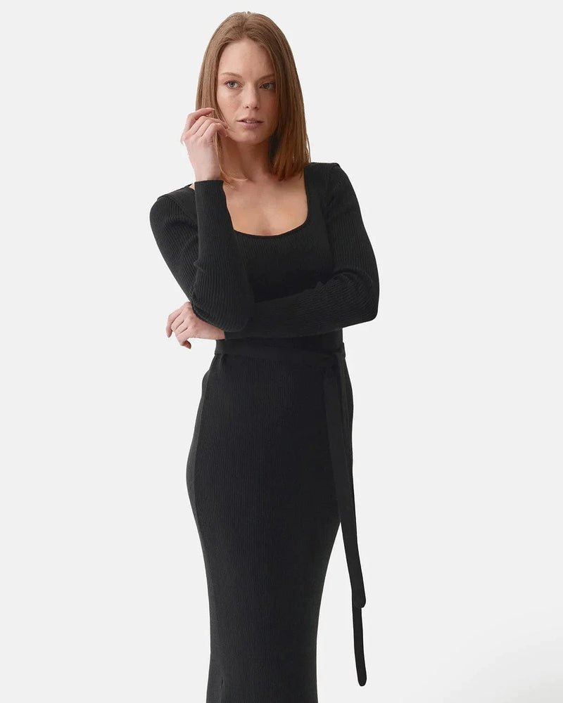 Mila.Vert Knitted Organic Cotton Long Sleeved Round Neck Dress | Multiple Colours Black / S