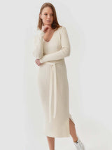 Mila.Vert Knitted Organic Cotton Long Sleeved V-neck Dress | Multiple Colours Cream / L