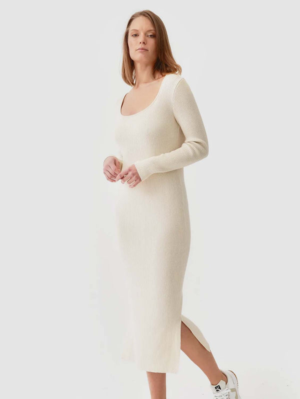 Mila.Vert Knitted Organic Cotton Long Sleeved Round Neck Dress | Multiple Colours Cream / S