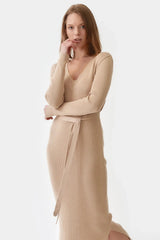 Mila.Vert Knitted Organic Cotton Long Sleeved V-neck Dress | Multiple Colours Sand / M