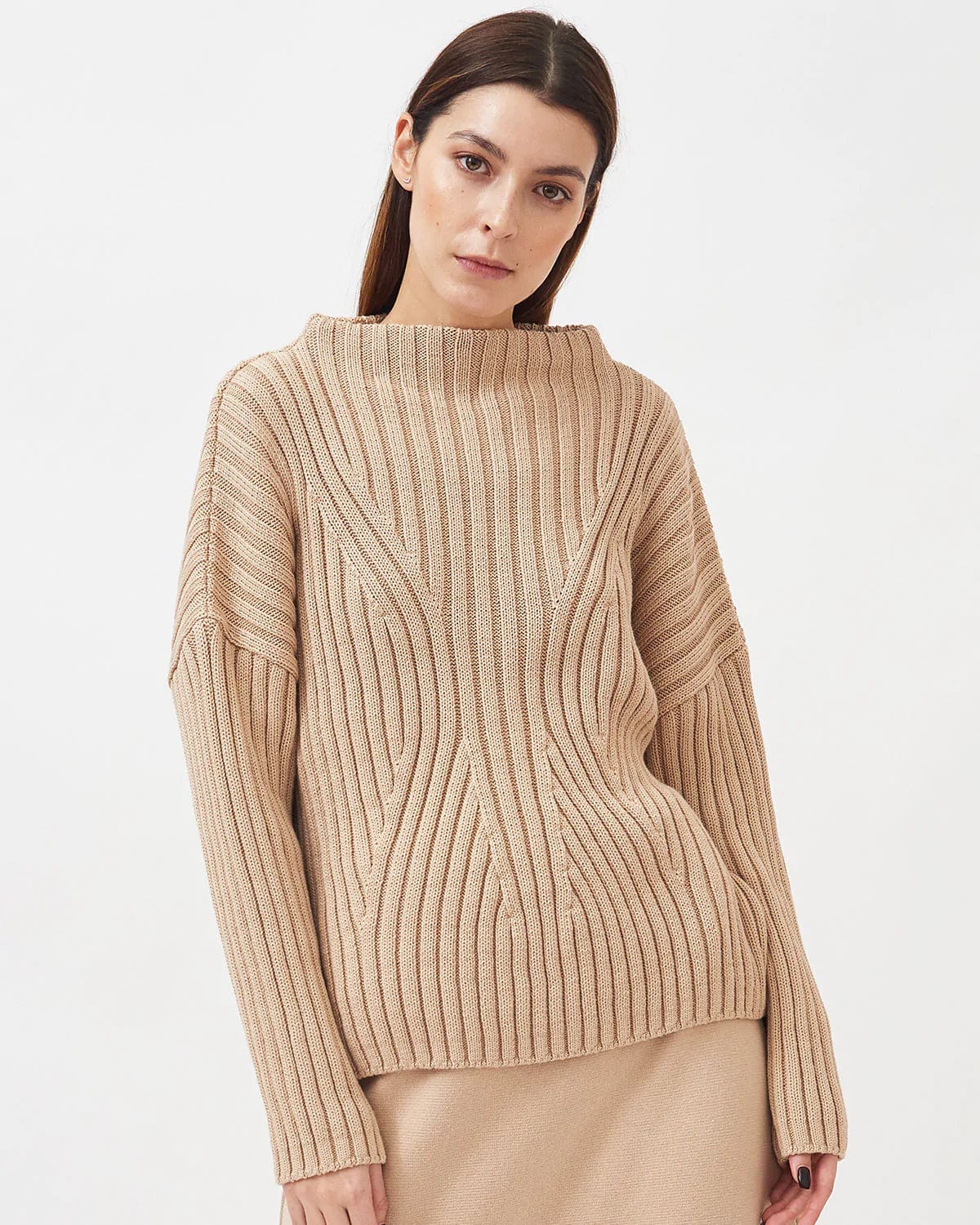 Mila.Vert Knitted Organic Cotton High Boat Neck Jumper | Multiple Colours Sand / One Size