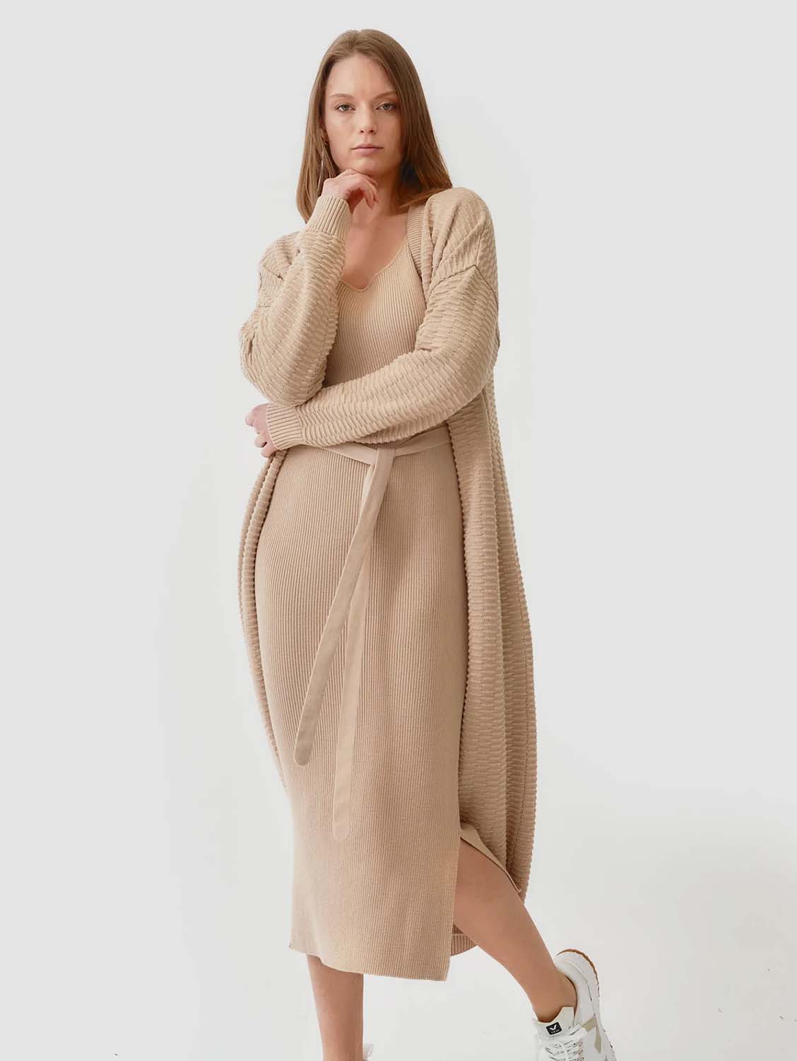 Mila.Vert Knitted Organic Cotton Relief Long Cardigan | Multiple Colours Sand / S