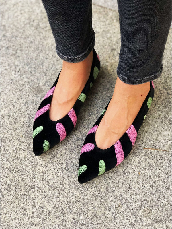 MOMOC Monstera Vegan Embroidered Eco Suede Ballerinas | Pink UK6 / EU39 / US8