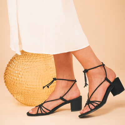 NAE Vegan Shoes Holly Black Vegan heeled Cross Sandals with ankle laces