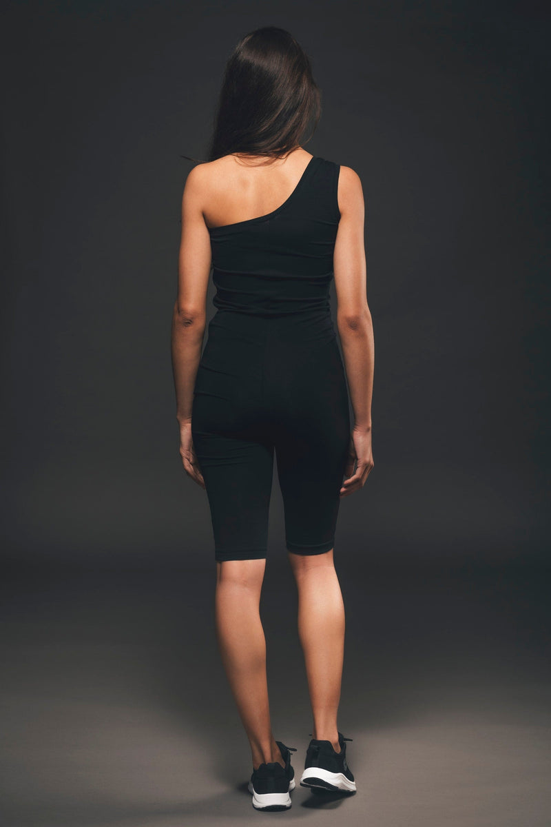 Organique One Shoulder Cycling Jumpsuit in Black