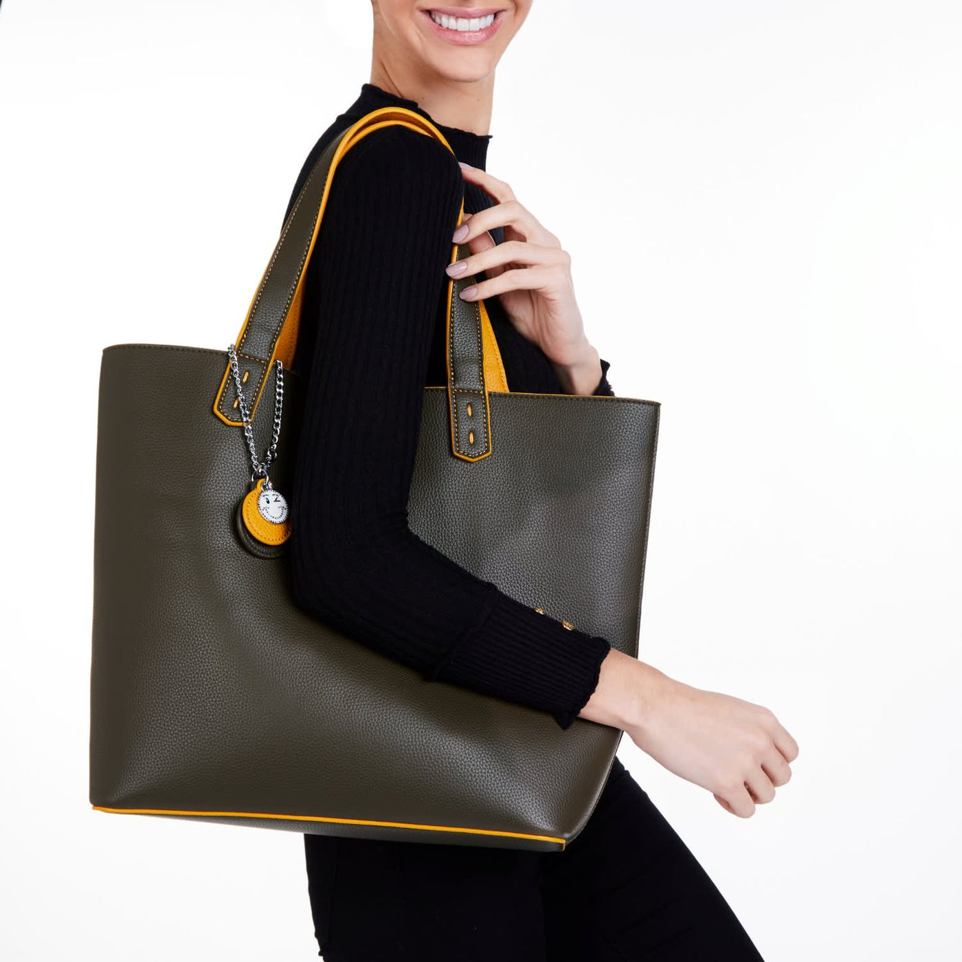 Reversible Vegan Leather Tote Green Mustard