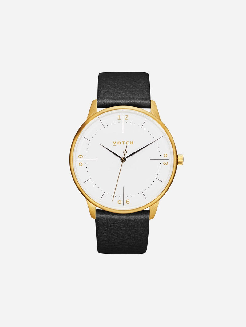 Votch Aalto Gold & White Dial Watch |  Black Vegan Leather Strap
