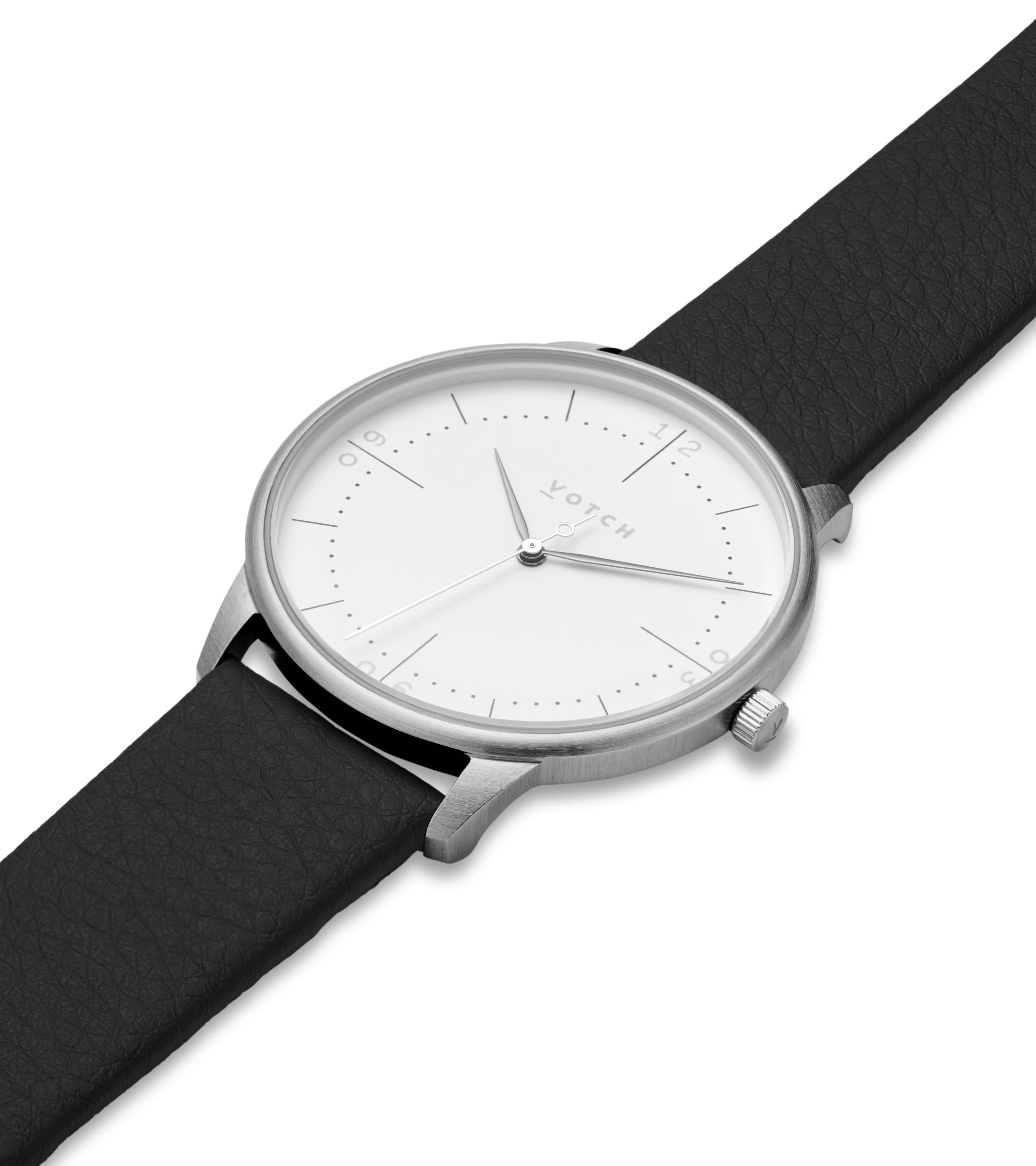 Votch Aalto Silver & White Dial Watch | Black Vegan Leather Strap