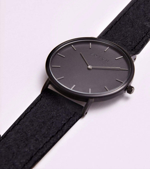 Classic Watch with Black Dial | Black Piñatex Vegan Leather Strap