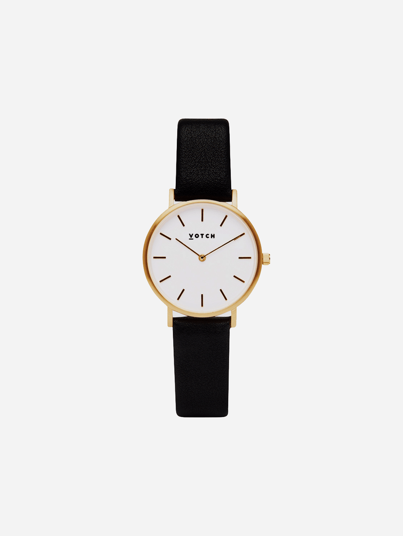 Petite Watch with Gold & White Dial | Black Vegan Leather Strap
