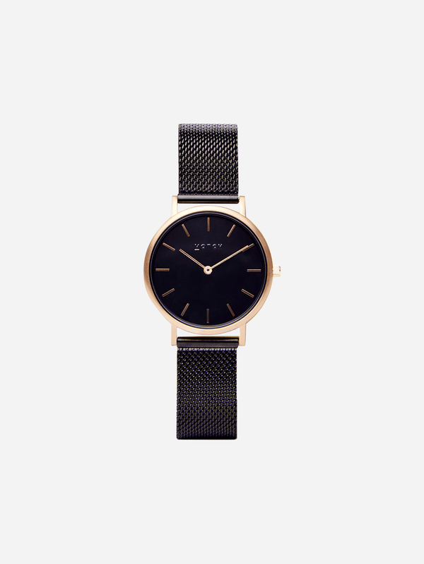 Petite Watch with Gold & Black Dial | Black Mesh Strap