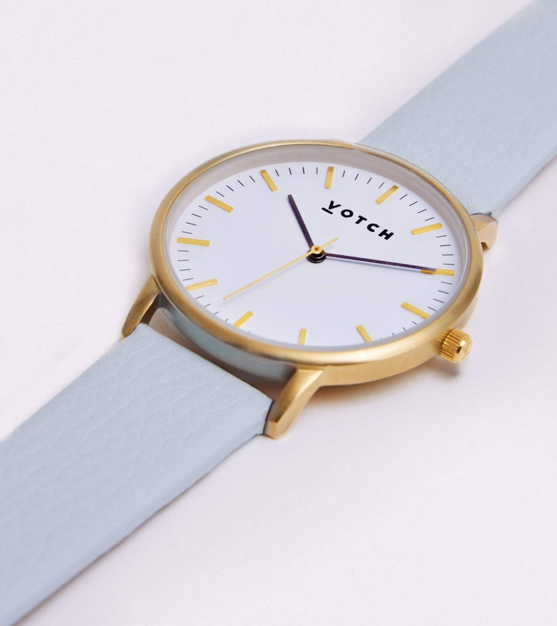 Moment Watch with Gold & White Dial | Light Blue Vegan Leather Strap