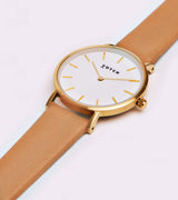 Immaculate Vegan - Petite Watch with Gold & White Dial | Tan Vegan Leather Strap