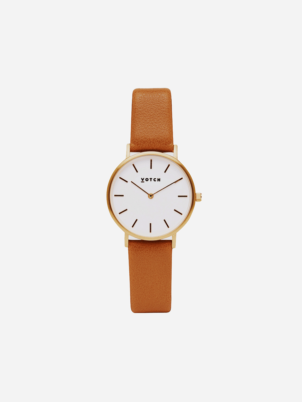 Petite Watch with Gold & White Dial | Tan Vegan Leather Strap